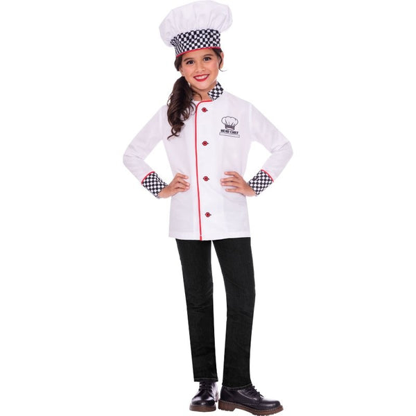 child chef costume includes shirt and hat with black and white check trim.