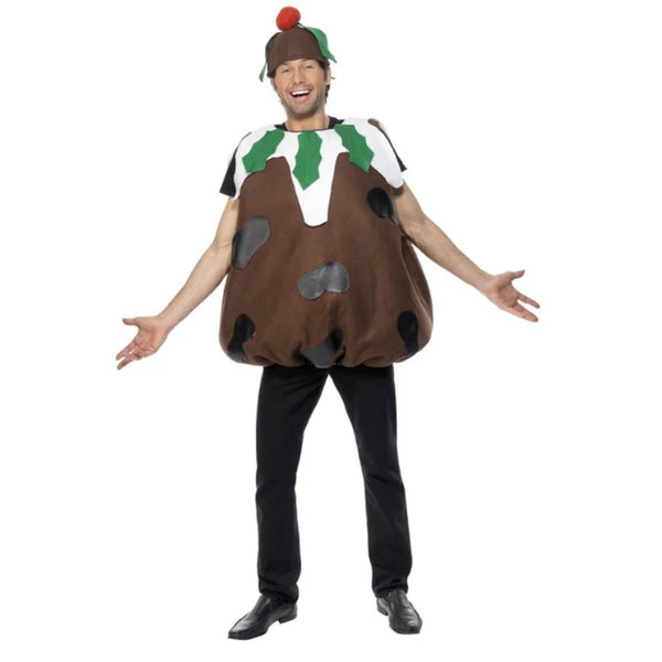 Christmas Pudding Costume, adult tabard with gathering at waist, decorated to look like a pudding and matching hat.