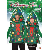 Christmas tree costume, shirt with seperate hood, printed front with babules and bow.