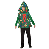 Christmas tree costume, shirt with seperate hood, printed front with babules and bow.