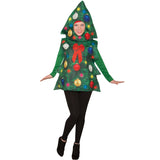 Christmas tree costume, shirt with seperate hood, printed front with babules and bow.