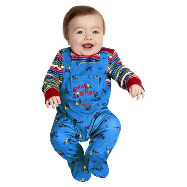 Chucky Baby Halloween Costume, licensed blue jumpsuit with stripe undershirt.