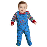 Chucky Baby Halloween Costume, licensed blue jumpsuit with stripe undershirt.