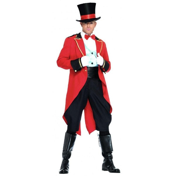 Circus ring master costume to hire, quality red tail coat with black epaulets and cuffs, shorts, boot tops, shirt, bow tie and oversized top hat.