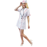 Classic Nurse Ladies Costume, white zips up at the front with red trim, includes dress and head cap.