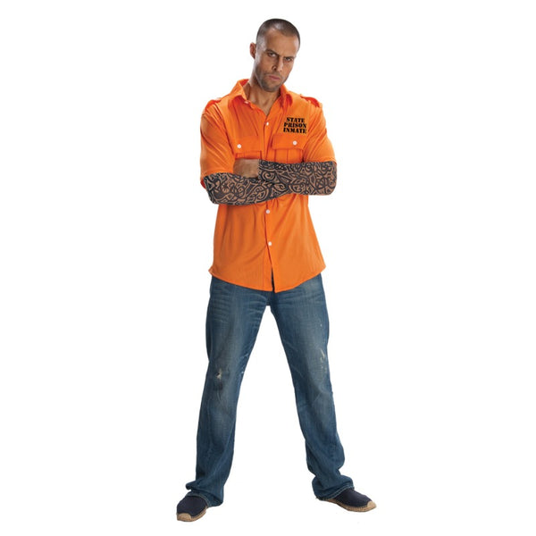 Classic Prisoner Adult Costume, orange short sleeve shirt with "state prisone inmate" print on chest, chest pockets and two tattoos.