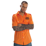 Classic Prisoner Adult Costume, orange short sleeve shirt with "state prisone inmate" print on chest, chest pockets and two tattoos.