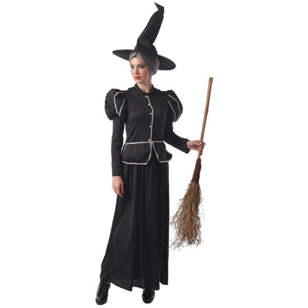 Classic Wicked Witch Ladies Costume, long dress with attached peplum and puffy upper sleeves.