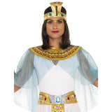 Cleopatra Costume - Adult, gold snake headdress, printed capelet with jewel detail and sheer blue tulle cape.
