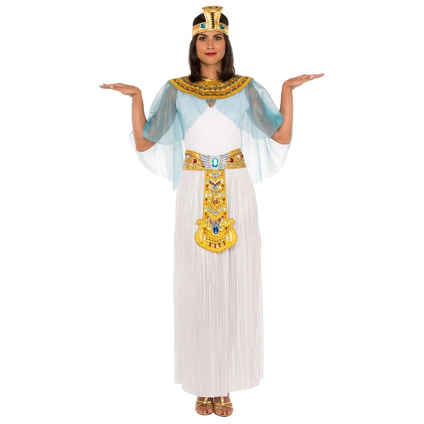 Cleopatra Costume - Adult, white long dress with accordian pleated ankle length skirt, attached detailed gold belt. Capelet with printed detail and jewel embellishment plus snake headdress.