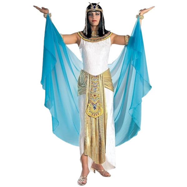 Cleopatra hire, sleeveless white dress with gold jeweled skirt feature, jewelled collar, drape, wig and headdress.