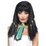 Black Cleopatra Wig, with a few braids at the sides and tied up with gold ribbon.