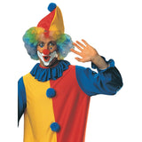 Clown Adult Costume - Rubies, jumpsuit with blue pom poms and red and yellow hat with pom pom.