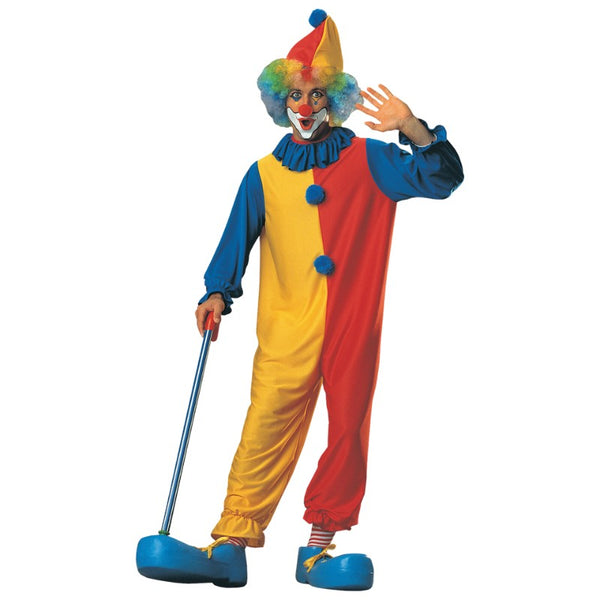 clown adult costume by rubies,  half red/yellow jumpsuit with blue sleeves and neck frill matching hat.