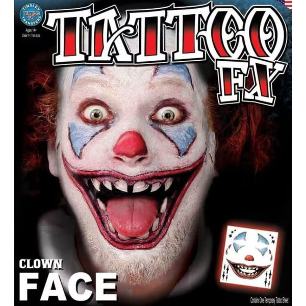 Tinsley FX Full Face Temp Tattoo - Clown Face, blue eyes, large mouth with teeth, nose and accents.