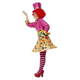 Clown Lady Costume, Multi-Coloured, yellow-spot hoop dress with pink short shirt, stripy tights and pink top hat.