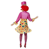 Clown Lady Costume, Multi-Coloured, yellow-spot hoop dress with pink short shirt, stripy tights and pink top hat.