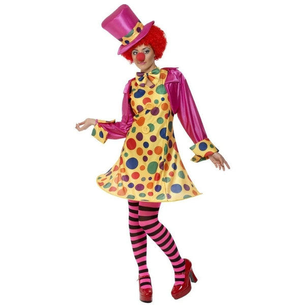 Clown Lady Costume, Multi-Coloured, yellow-spot hoop dress with pink short shirt, stripy tights and pink top hat.
