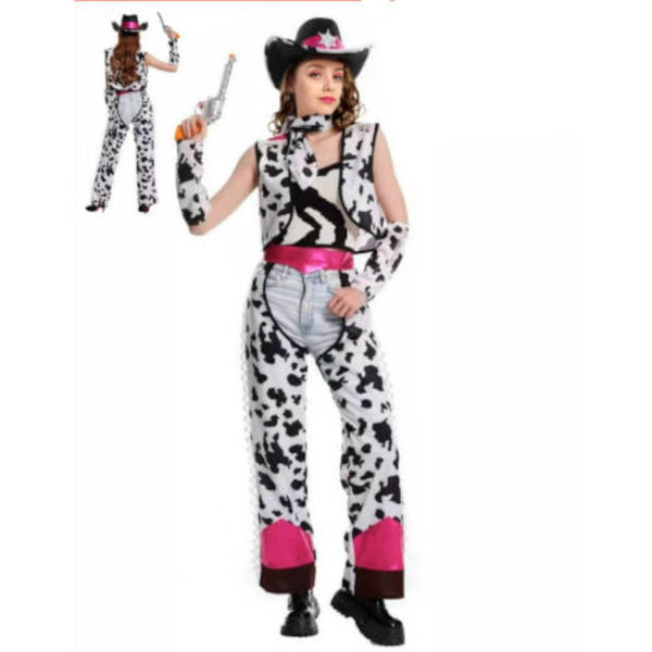 Cow Print Cowgirl Adult Costume, chaps, vest, arm cuffs and neck tie. black and white with hot pink trim.