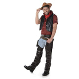 Cowboy Costume - Adult - Karnival includes check shirt, vinyl look vest and chaps, necktie and holster belt.