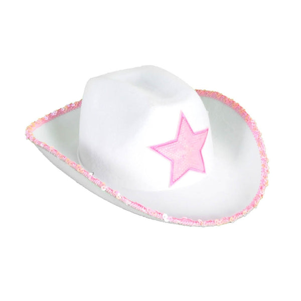 Cowboy Hat with Sequin Rim and Star, white