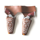 Cowgirl Gun Set - Brown, brown belt double holster with white print and two plastic toy guns.