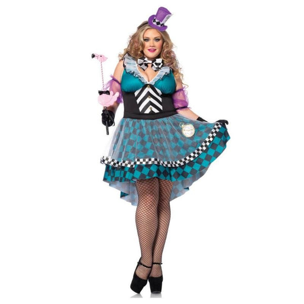 Crazy Hatter Ladies Costume - Hire, dress is longer at the back, teal and black, includes petticoat, arm cuffs, bow tie and mini hat.