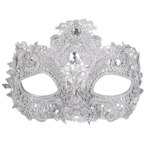 Crytal lace eye mask, silver base covered in silver lace and decorated with diamantees.