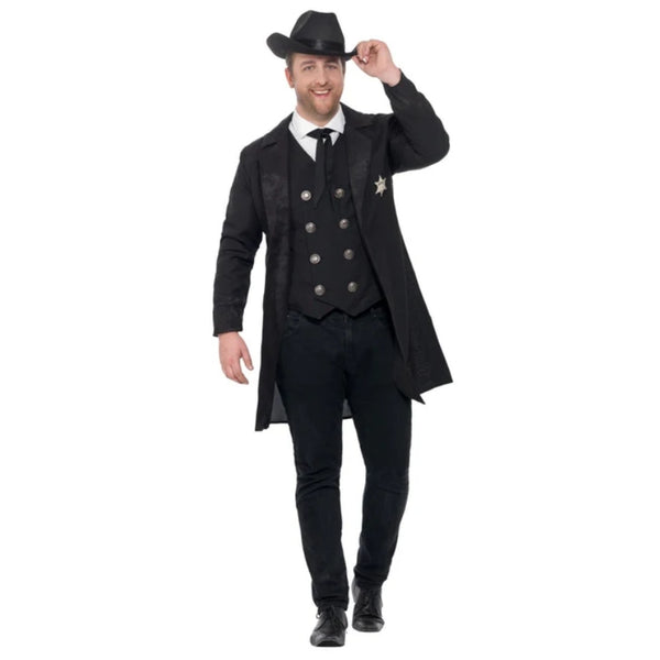 Curves Sheriff Costume, long black jacket, vest, western neck tie and hat.
