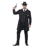 Curves Sheriff Costume black mid thigh jacket, double breasted waistcoat, necktie and hat.
