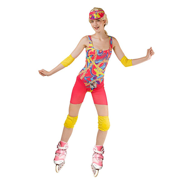 Cute Roller Skater Girl Adult Costume, multi-coloured leotard, pink tights, yellow elbow and knee pads, plus cap.