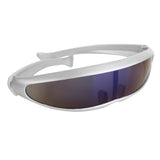 Cyclops silver sunglasses, thin shape with dark lenses in wrap around style.