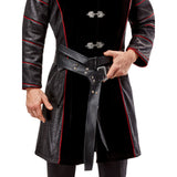 Daemon Targaryen Deluxe House of the Dragon Adult Costume,black tunic style coat leather look sleeves, faux button closures. two belts with silver studs.