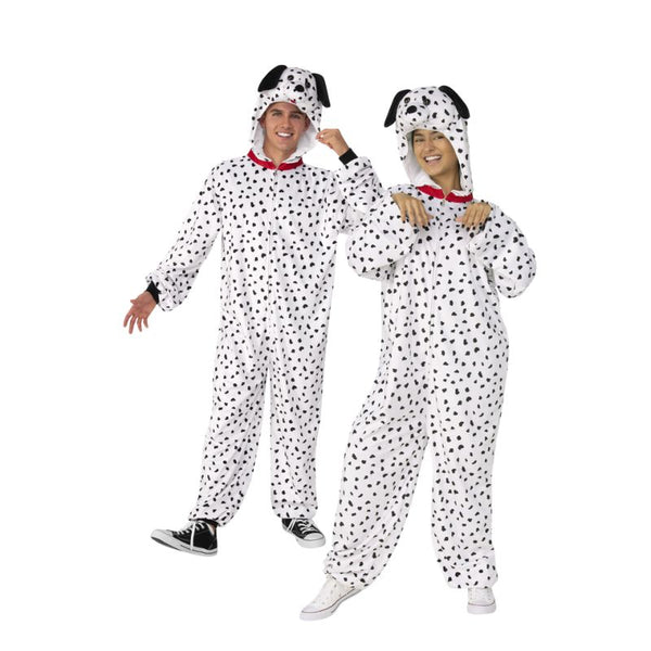 Dalmatian Furry Onesie Costume-Adult, spot jumpsuit with red collar and hood with dog face. unisex.