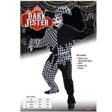 Dark Jester Adult Costume, black and white with check on side and plain the other, top, pants, hat and belt.