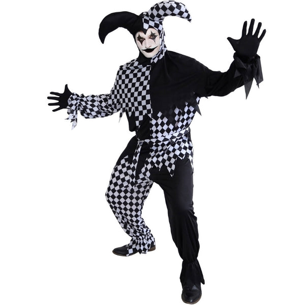 Dark Jester Adult Costume, black and white with check on side and plain the other, top, pants, hat and belt.