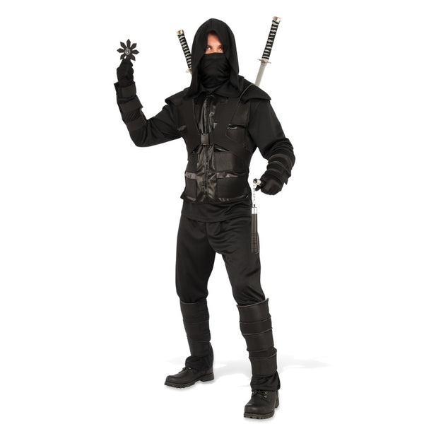 Dark Ninja Costume-Adult, shirt plus hooded vest, pants, gauntlets and shin guards.