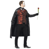 Dark Opera Masquerade Costume, mens black knee length cape, mosk shirt with red detailed double breasted shirt front, gloves, mask  and faux rose.