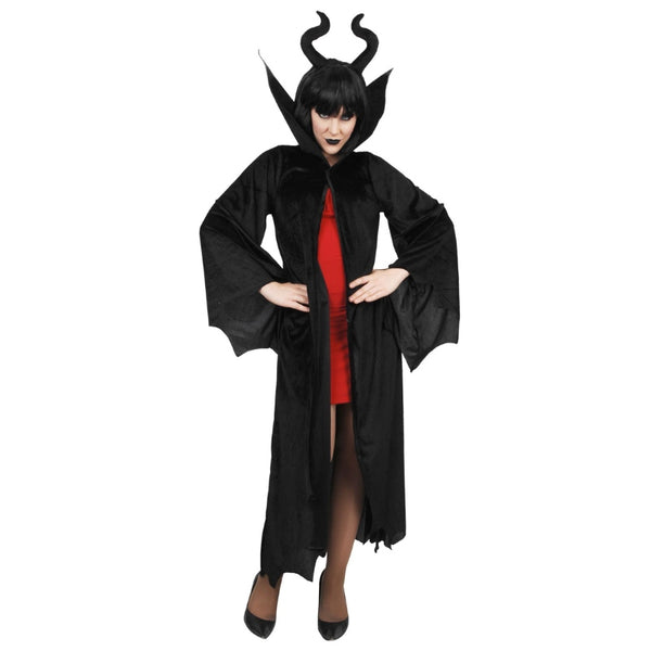 Dark Queen Robe and Headband, long robe with flowing sleeve, high collar, headband with horns. all in velvet.