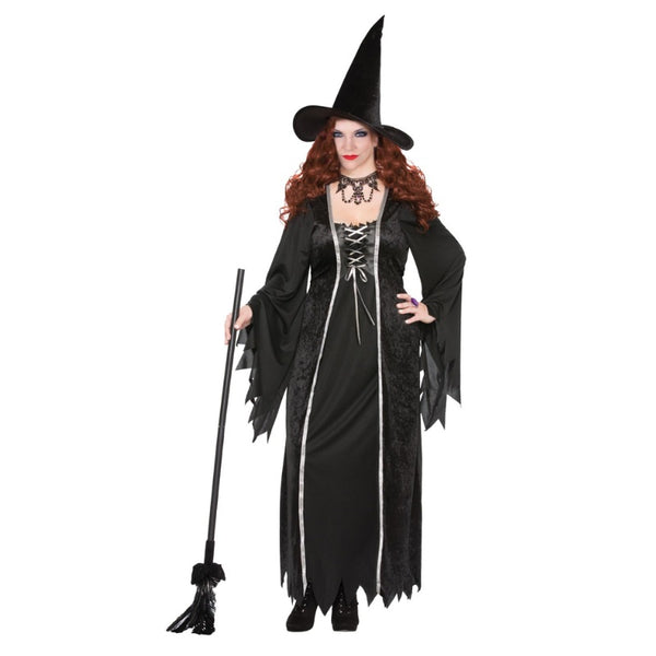 Dark Witch Ladies Halloween Costume - Plus, dress with lacing at bodice, silver trim, long dress flowing sleeves and jagged hemline.