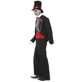 Day of the Dead - Male Costume, jacket, mock shirt front with skull print, tall hat and gloves.