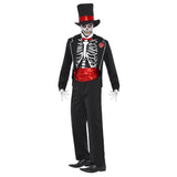 Day of the Dead - Male Costume, jacket, mock shirt front with skull print, tall hat and gloves.