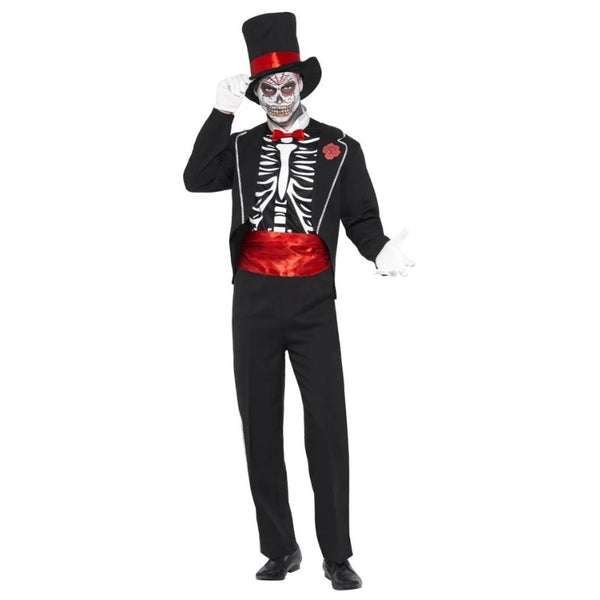 Day of the Dead - Male Costume, jacket, mock shirt front with skull print, tall hat and gloves.