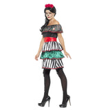 Day of the Dead Senorita Doll, off the shoulder dress with frill, skull and flower print, layered skirt, red belt and flower headband.