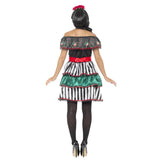 Day of the Dead Senorita Doll, dress with wide shoulder frill, 3 rows of frills on skirt.