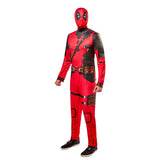 deadpool adult costume in wet look fabrical digitally printed belt, snood in breathable fabric.