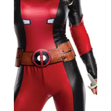 Deadpool Secret Wishes - Ladies, jumpuit in metallic fabric panels, printed features. Pants have shin pads, snood which is easy to see through. 