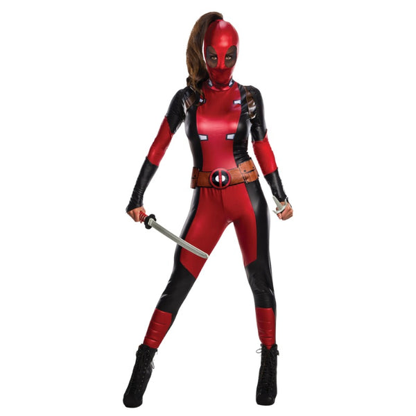 Deadpool Secret Wishes - Ladies, jumpuit in metallic fabric panels, printed features. Pants have shin pads, snood which is easy to see through. 