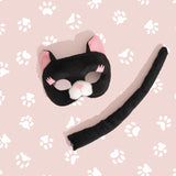 deluxe animal set cat, half mask with pink ears and eyelashes and tail that clips on.
