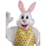 Close-up of the Deluxe Bunny Costume showcasing the cute smiling oversized mascot head, yellow print vest with bow tie, and white mittens